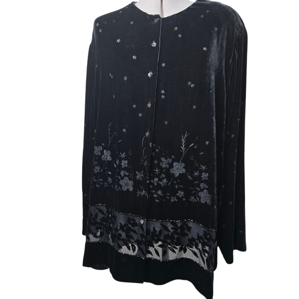 Silk Club Collection Blouse 2X Black Floral Embroidery